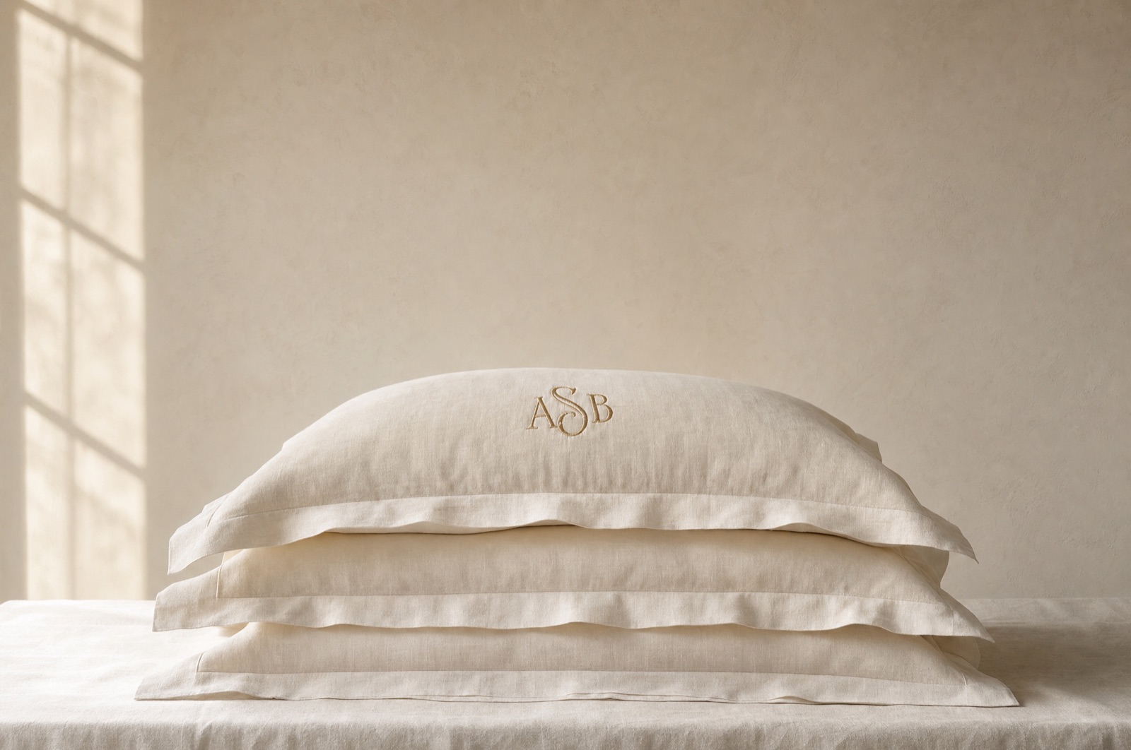A stack of ivory linen pillow shams on a bright table, the top one bearing a small brass-thread ASB monogram.