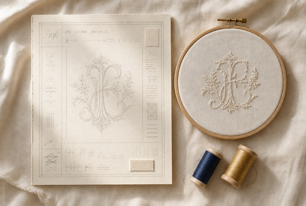 A flat-lay of a printed proof card beside an embroidery hoop, thread spools, and a swatch, arranged on a pale linen surface.