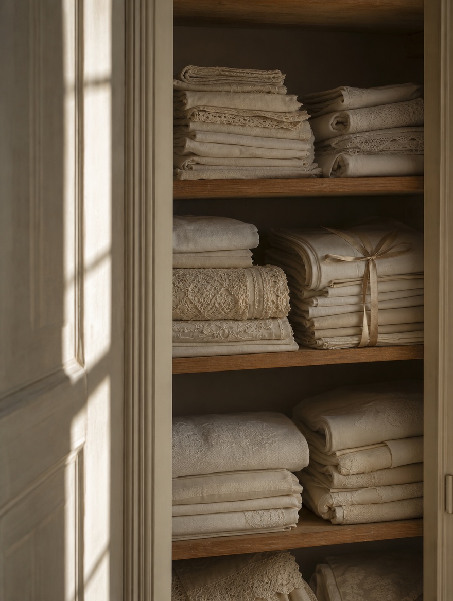 A stack of folded monogrammed linens in a warm-lit closet, corners squared like pages in a bound book.