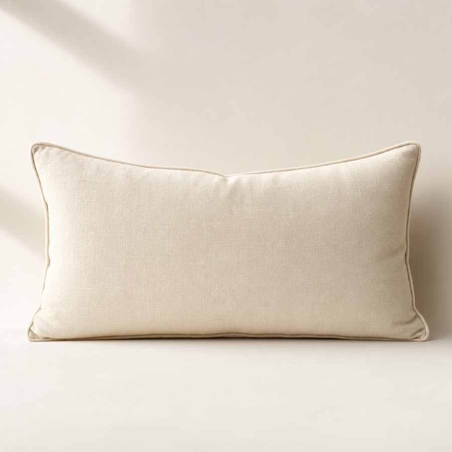 A 24-inch ivory lumbar pillow, ready to be personalized with a name or monogram.