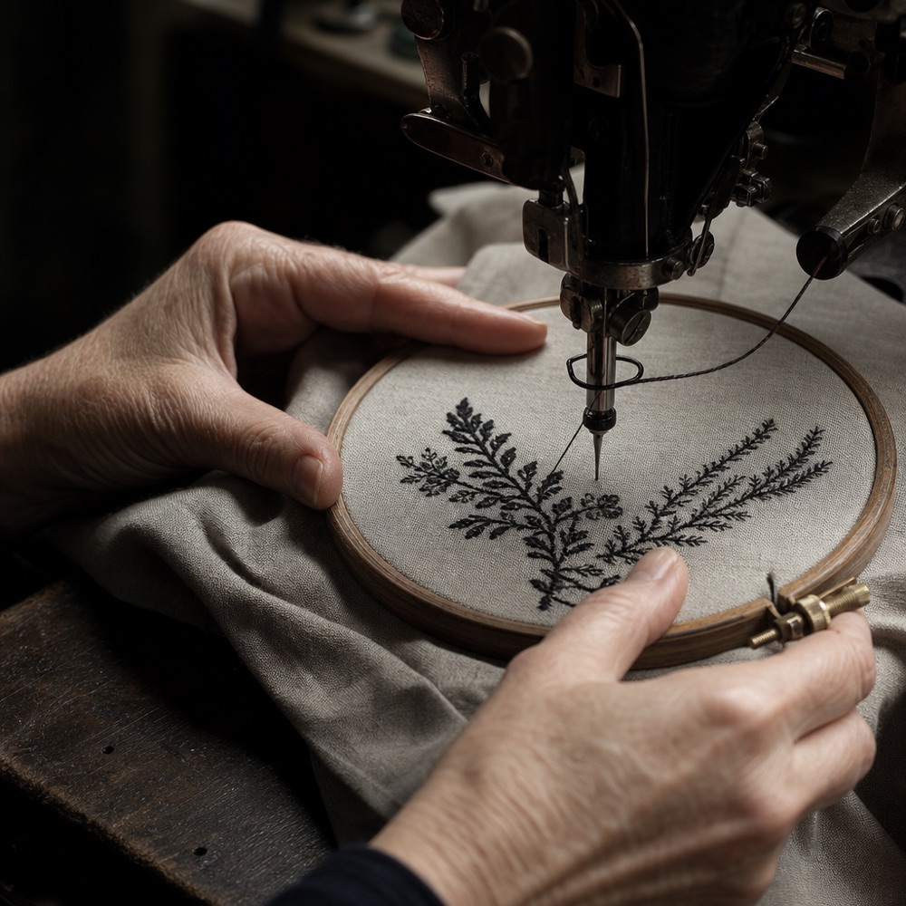 Hands at the hoop under the needle as the machine stitches the fabric shape down.