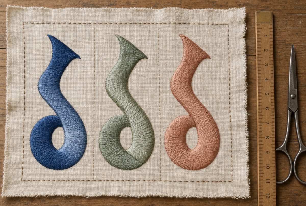 A stitched letter sampler laid flat with scissors and thread — the lettering shown as a name.