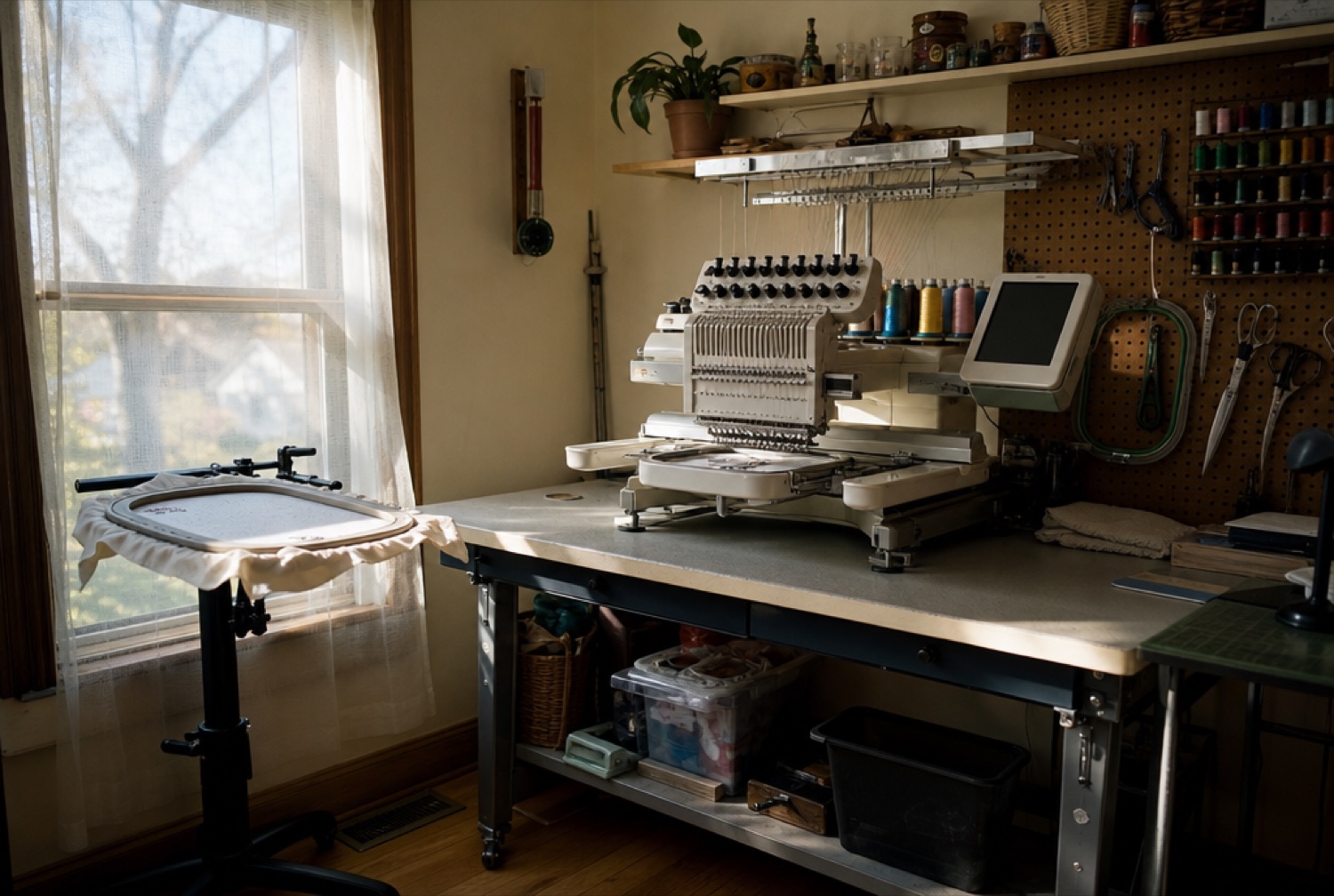 The workroom by a window, where the embroidery is stitched.
