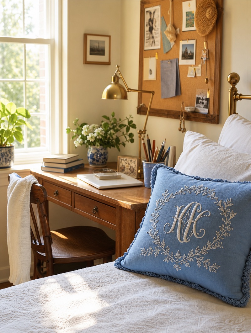 A brightly styled dorm bed with a monogrammed lumbar pillow against the headboard.