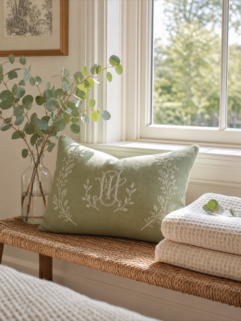 A styled sitting room with a monogrammed boudoir pillow, ready as a hostess gift.