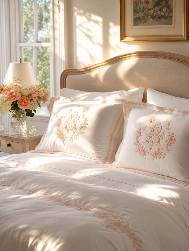 A newlyweds' bed dressed with a monogram sham bearing a shared last-name initial.
