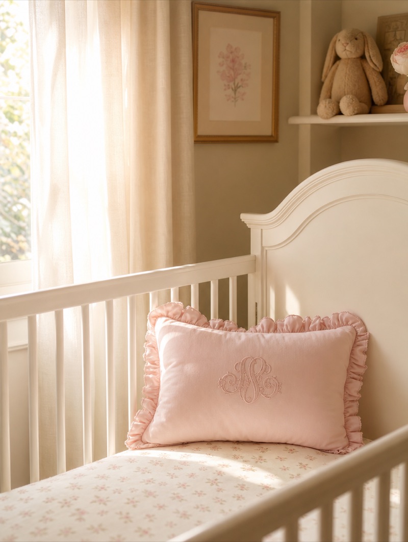 A soft nursery corner with a name pillow resting in a crib.