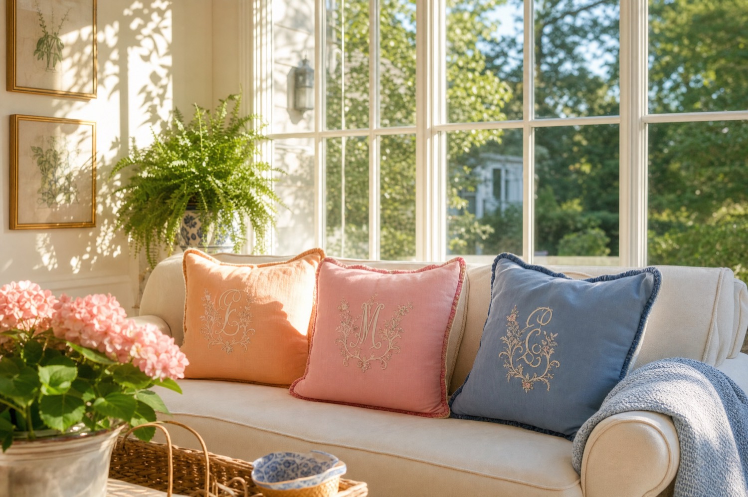 A sunlit sunroom sofa layered with monogrammed pillows in apricot, peony pink, and cornflower blue, beside a fern and hydrangeas.