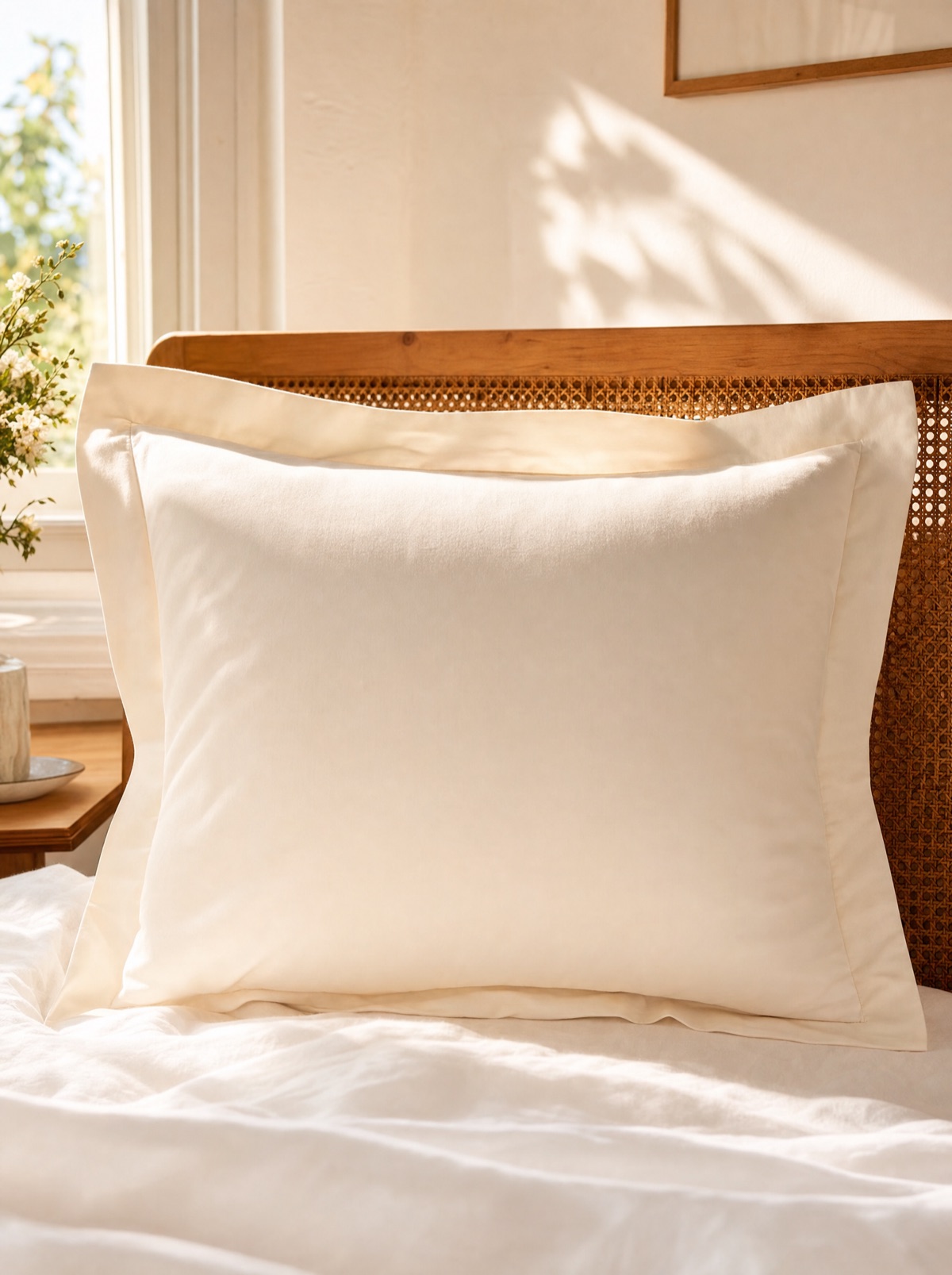 A 20-inch ivory pillow sham on a sunlit bed, ready for a satin-stitched monogram.