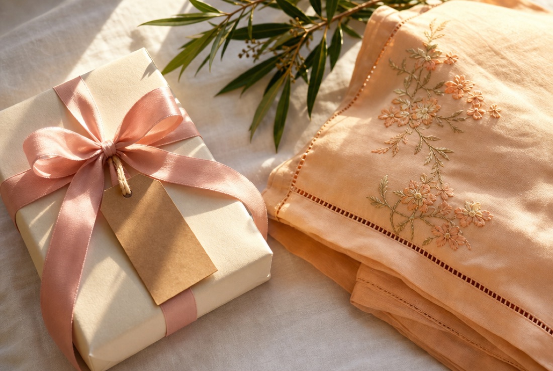 A wrapped gift with a blank tag waiting to be filled in, in warm morning light.