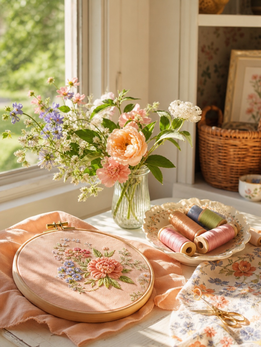 Edelweiss's sunlit worktable with thread spools, fabric swatches, and a piece in progress.