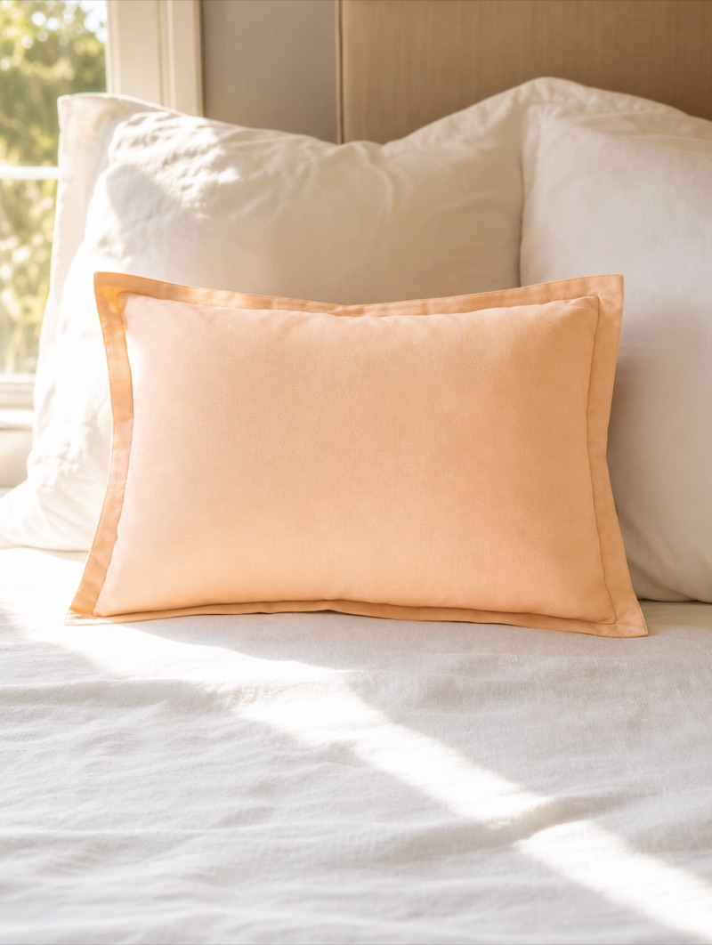 A small apricot boudoir pillow, about 18 by 12 inches, with a delicate monogram.