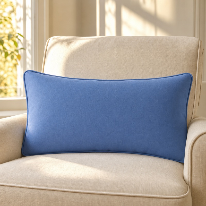 A 24-inch lumbar pillow in cornflower blue with a stitched name across the front.